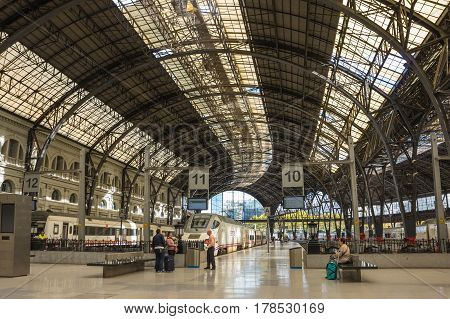 BARCELONA SPAIN - OCTOBER 22 2015: The elegant building of the station Estacio de Franca is a prime example of Spanish monumental architecture of the XX century and the most beautiful railway station in Barcelona Spain