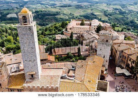 San Gimignano is a small walled medieval hill town in the province of Siena Tuscany Italy