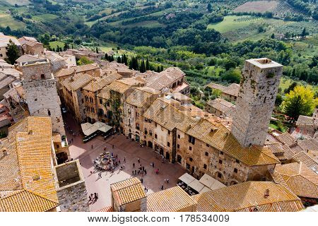 San Gimignano is a small walled medieval hill town in the province of Siena Tuscany Italy