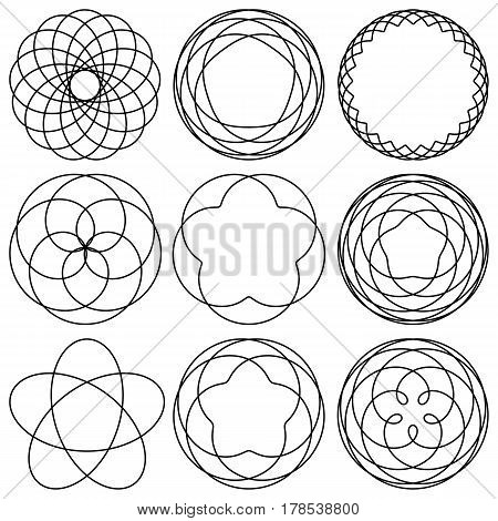 Set spirographic elements for design of labels stickers badges or logo. Vector illustration