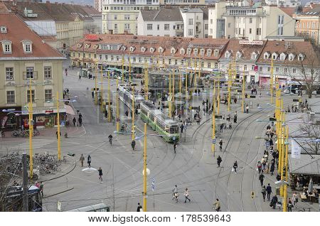 GRAZ, AUSTRIA - MARCH 20, 2017: Hub of Public trams at Jakominiplatz in Graz the capital of federal state of Styria Austria.