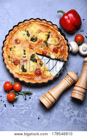 Pizza Or Vegetable Pie With Pepperbox And Saltcellar On Tray