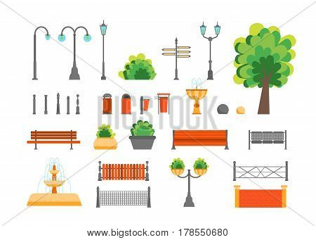 Cartoon Color Urban Park Elements Set for Place Public Flat Design Style. Vector illustration