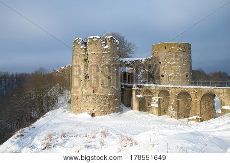 A view of the medieval Koporye fortress, cloudy winter day. Leningrad region, Russia