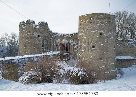 Koporye fortress closeup of a cloudy February day. Leningrad region, Russia