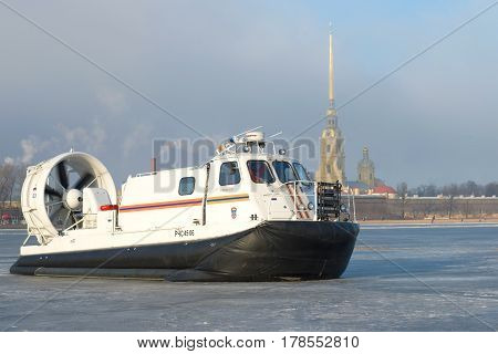 SAINT PETERSBURG, RUSSIA - MARCH 12, 2017: Rescue hovercraft EMERCOM of Russia 