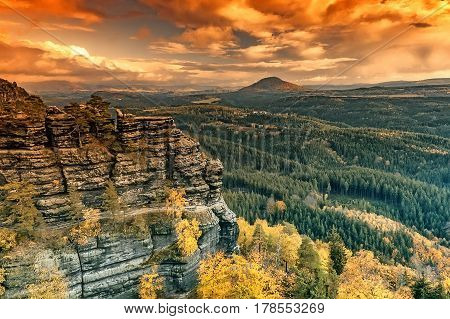 Autumn view of the landscape around the Pravcice Gate in Czech Switzerland/Czech Republic/