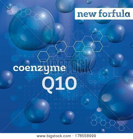 Coenzyme Q10. Transparent Bubbles on Blue Background