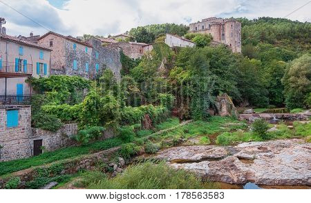 River along the old town Largentiere in the Ardeche region of France
