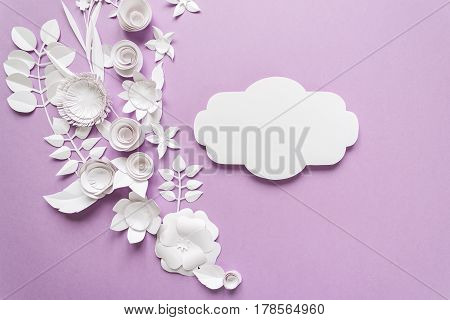 Frame With White Paper Flowers On Violet Background. Cut From Paper.