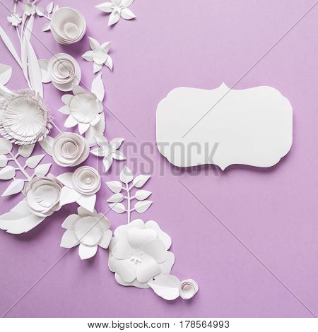 Frame With White Paper Flowers On Violet Background. Cut From Paper.