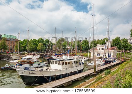 Rotterdam Netherlands - August 18 2016: Boats docked at a marina in Rotterdam.