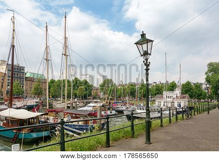Rotterdam Netherlands - August 18 2016: Boats docked at a marina in Rotterdam.