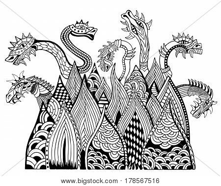 Dragon mountain. Coloring book. Hand drawn vector illustration with geometric and floral elements.