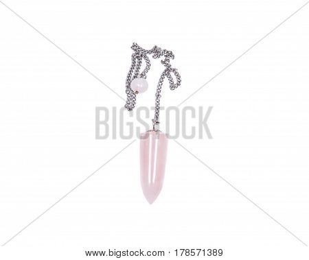 Rose quartz pendulum isolated on white background