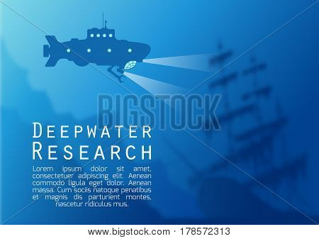 Blurred underwater background with blue submarine silhouette and old sunken ship. Vector illustration.