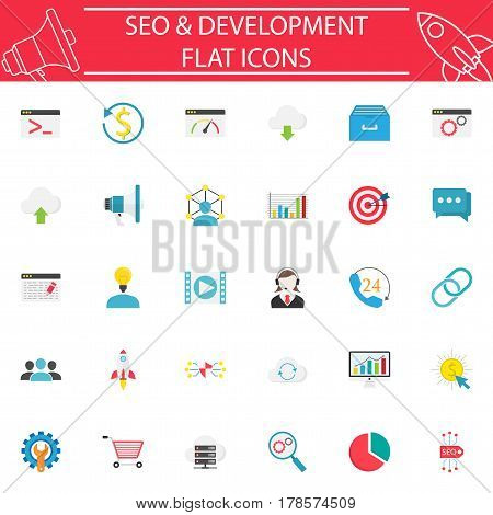 SEO flat pictograms package, marketing, vector sketches, logo illustrations, Search Engine Optimization colorful solid icon set isolated on white background, eps 10.