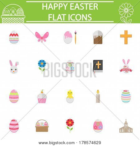 Happy Easter flat pictograms package, Holiday symbols collection, religion day vector sketches, logo illustrations, spring colorful solid icon set isolated on white background, eps 10.