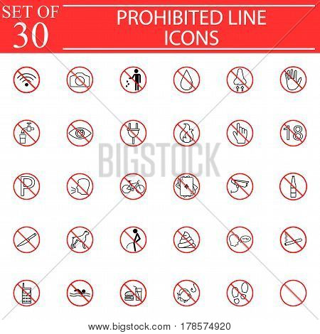 Prohibited signs line pictograms package, Forbidden symbols collection, vector sketches, solid logo illustrations, linear icons isolated red circles on white background, eps 10.