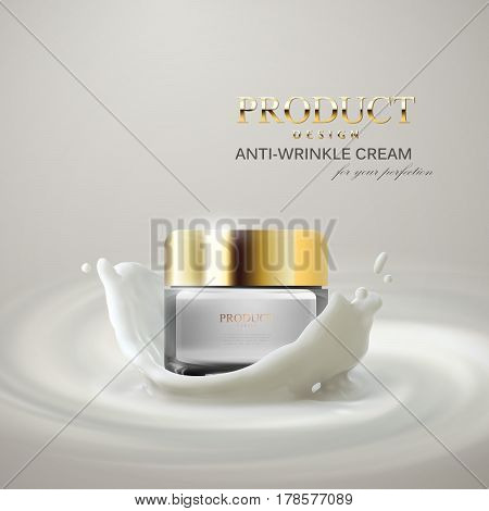 Anti wrinkles facial cream ads poster template. Cosmetics package mockup design. 3d vector illustration. Lifting cream jar on creamy swirling background with crown splashes