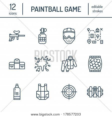 Paintball game line icons. Outdoor sport equipment, paint ball marker, uniform, mask, chest protection. Extreme leisure thin linear signs.