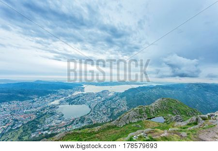 Bergen city view from mountain Ulriken. Bergen, Norway