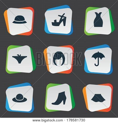 Vector Illustration Set Of Simple Clothes Icons. Elements Footwear, Hairdressing, Brolly And Other Synonyms Panties, Footwear And Elegant.