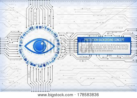 Digital technology concept of background with an eye. Circuit board background. Hi-tech electronic wires. Abstract information security. Modern safety digital background.