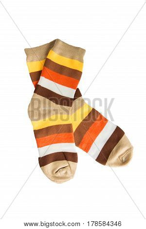 Two striped sock in yellow orange white red-haired brown stripes. 5 colors. isolated