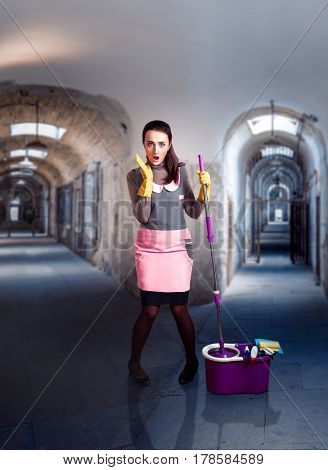 Cleaning servisce, long corridors on background