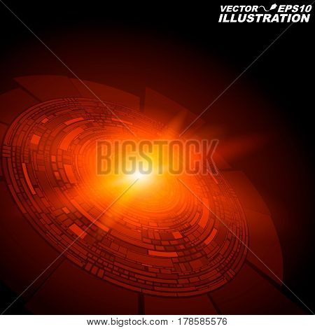 Abstract geometric form of particles of red color glowing in the dark. A bright flash of light. New technologies in design