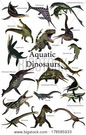 Aquatic Dinosaurs 3d illustration - A collection of various marine reptile dinosaurs from different prehistoric periods of Earth's history.
