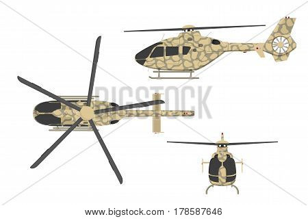 Military helicopter in flat style on white background. Top side front view. Army air vehicle. Vector illustration