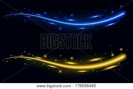 Abstract gold and blue lines move in the dark with small flashes