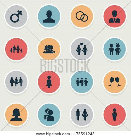 Vector Illustration Set Of Simple Couple Icons. Elements Woman, Madame, Husband Synonyms Wife, Homosexual And Candidate.