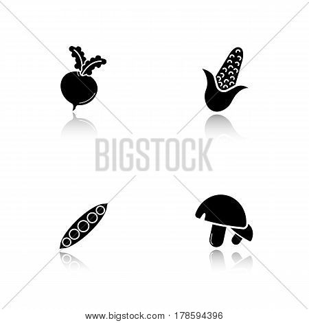 Vegetables drop shadow black icons set. Beet root, open peapod, mushrooms, corn. Isolated vector illustrations