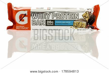 Winneconne WI - 15 March 2017: Whey protein bar made by gatorade on an isolated background.