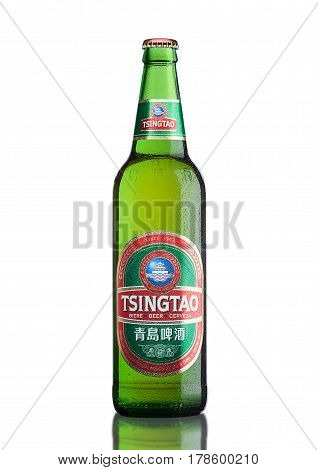 LONDONUK - MARCH 23 2017 : Bottle of Tsingtao beer on white background.Tsingtao is China's second largest brewery it was founded in 1903 by German settlers.