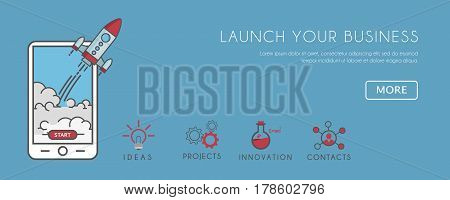 Flat illustration of smartphone with Rocket launcing. Business start up Call to Action