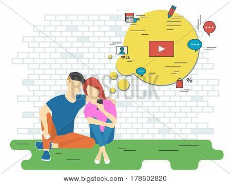 Keeping track concept illustration of young man and woman using smartphone for watching video, online shopping, chatting, newa reading and networking. Flat design of people addicted to network