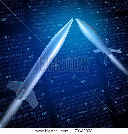 Cyber war or cyberwarfare military defense technology concept as missiles attacking with binary code background as a 3D illustration.