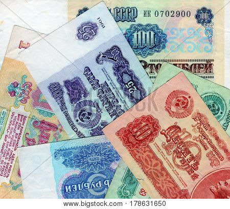Banknotes of the USSR - one, three, five, ten, twenty-five, one hundred. Closeup. Collection. Background with money signs.