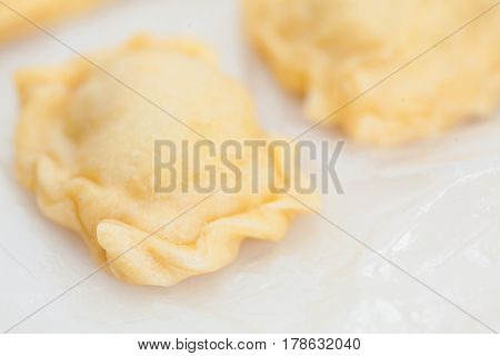 Ravioli Preparation : Raw sealed and decorated homemade ravioli