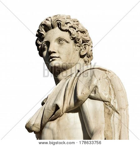 Detail of Dioskouri ancient roman marble statue from the Capitol Hill Square balustrade (isolated on white background)