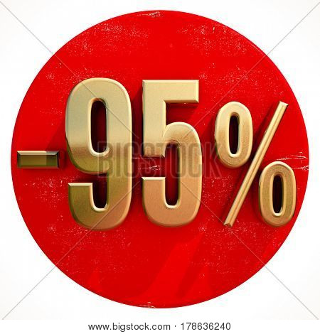 3d render: Gold 95 Percent Sign on Shabby Red Circle with Shadow, 95% Off 