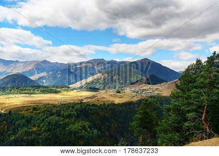 View On Mountains And Omalo Village. Georgia
