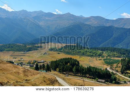 View On Mountains And Omalo Village. Georgia