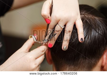 Professional hairdresser doing haircut men's hair. Haircut with scissors. Beauty saloon. Male beauty. The client is a hipster.