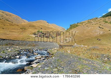 Old Village Dartlo On River In Tusheti Nature Reserve. Georgia