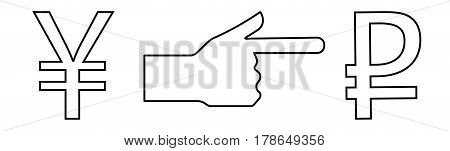 Vector linear icon with the image of a hand with an extended index finger indicating the way of exchanging the yen for the ruble.